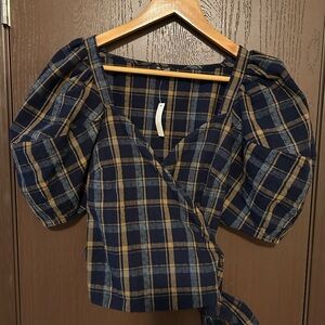 NWT Madewell Plaid Puff-Sleeve Wrap Navy Top S